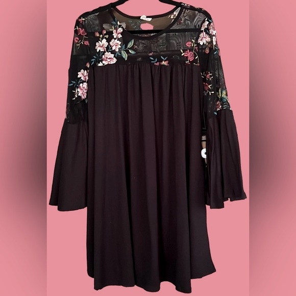 P Rose Dresses & Skirts - P & ROSE Black w/Sheer Floral Yoke, Empire Waist Long Sleeve Mini Dress, GUC.